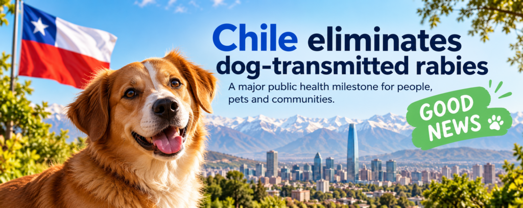 Dog with Chilean flag and Santiago skyline celebrating Chile's elimination of dog-transmitted rabies as a public health problem