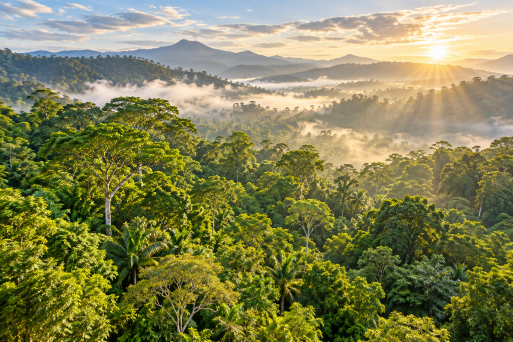 Bright illustration of a tropical rainforest at sunrise, with sunlit trees and misty hills