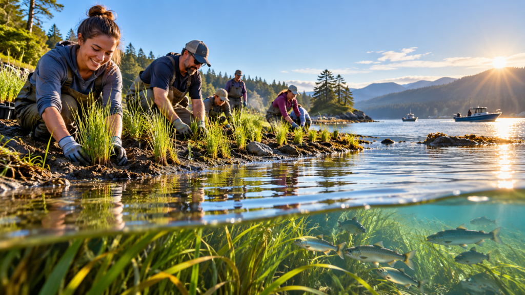 Volunteers restoring coastal fish habitat and marsh vegetation at golden hour