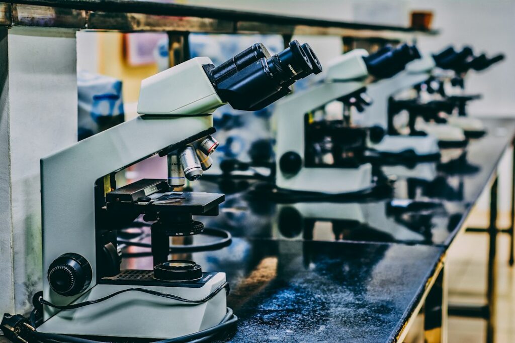Microscope in a research laboratory illustrating scientific investigations into proteins linked to dementia