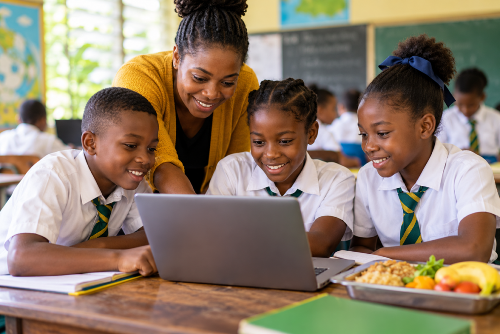Jamaican students and a teacher learning together with a laptop and school meal in a classroom