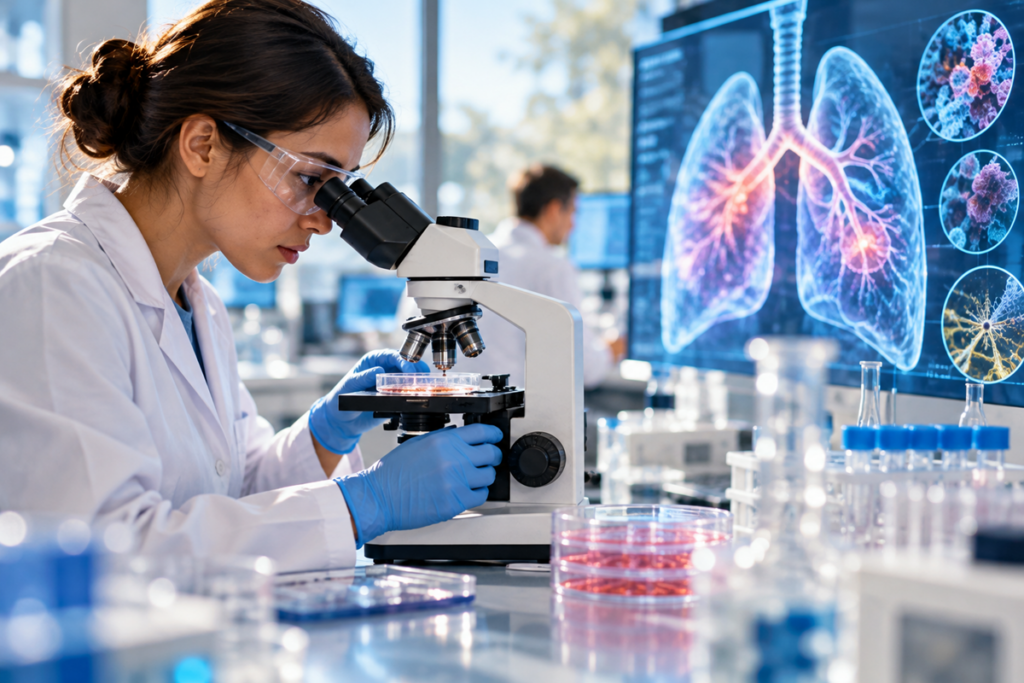 Medical researcher examining human lung tissue models in a laboratory with a lung visualization in the background